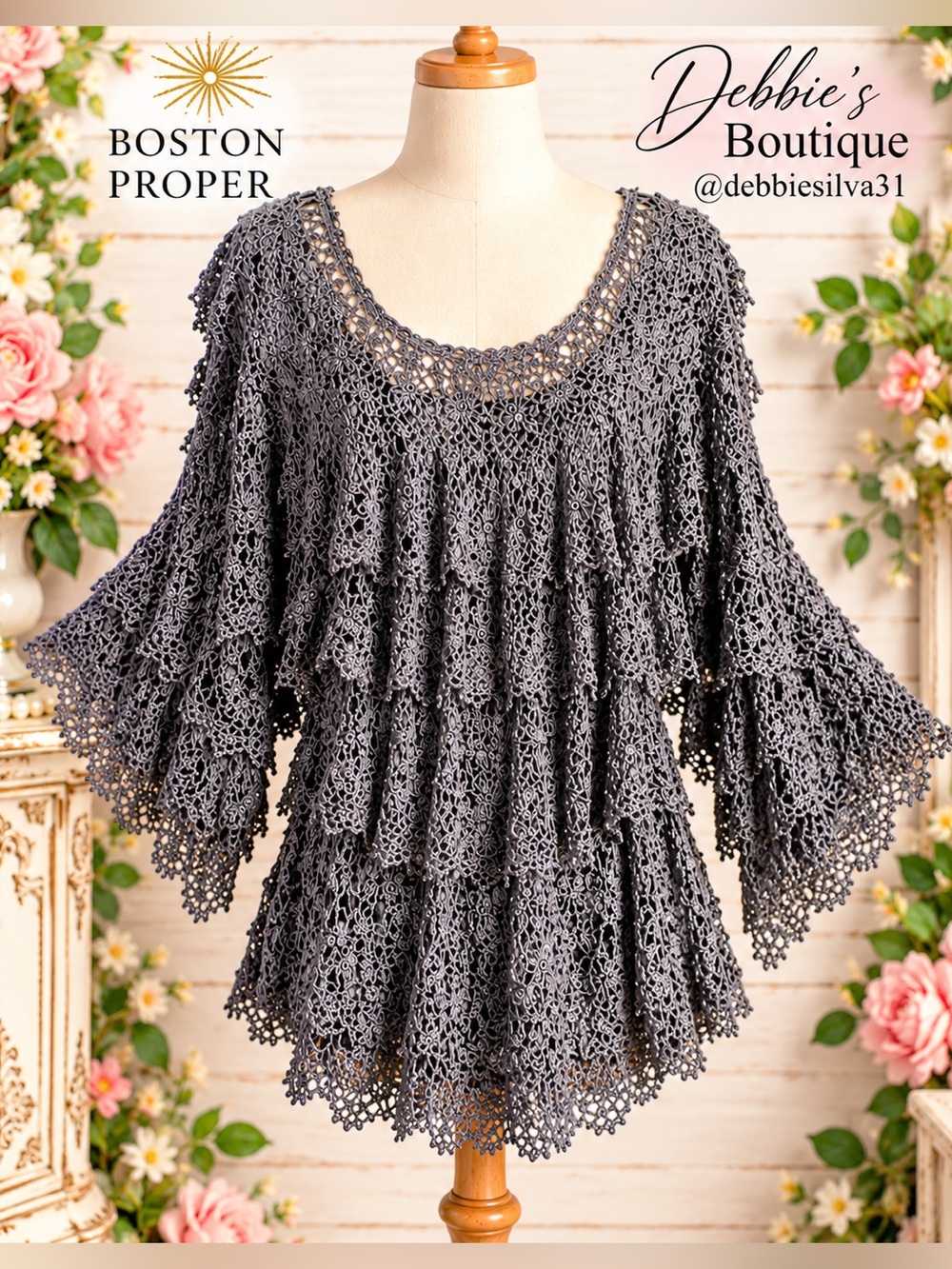 Boston Proper Crochet Ruffle Bell Sleeve Tunic Top XS/S Gray Boho